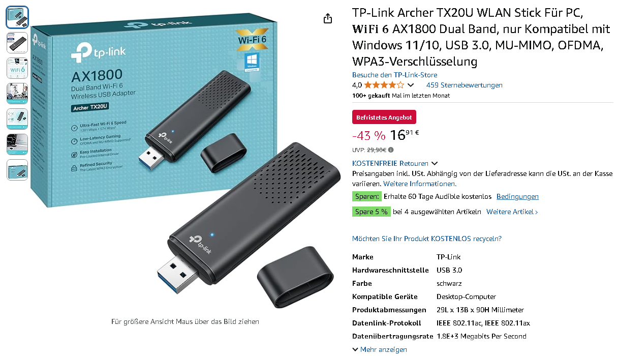 TP-Link Archer TX20U auf Amazon Screenshot der TP-Link Archer TX20U