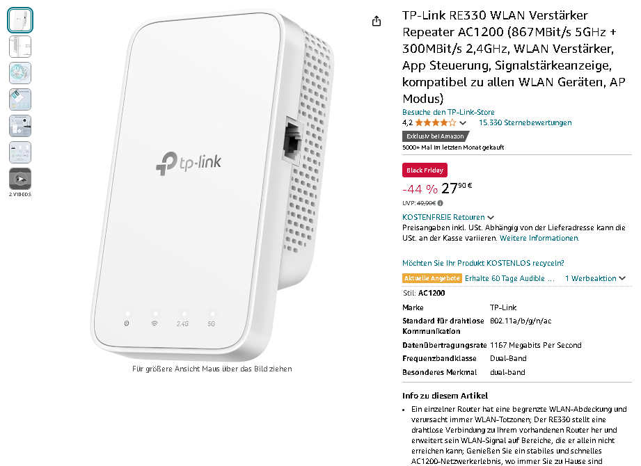 TP-Link RE330 AC1200 WLAN Verstärker TP-Link RE330 AC1200 WLAN Verstärker