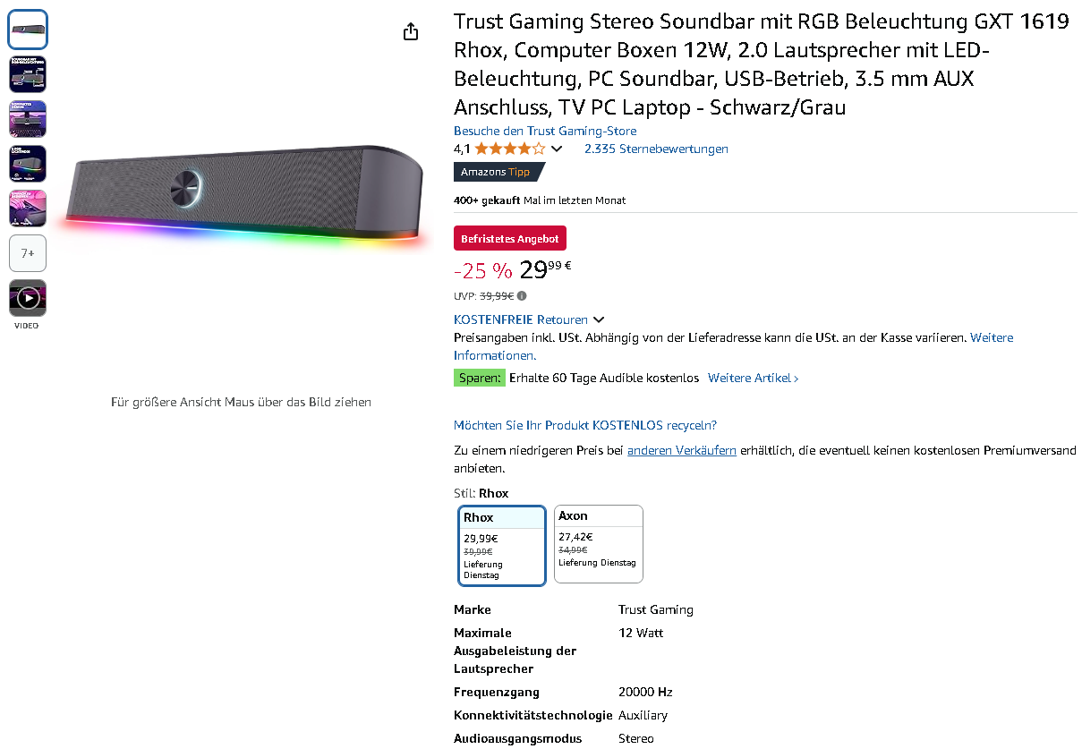 Trust GXT 1619 Rhox Gaming Soundbar