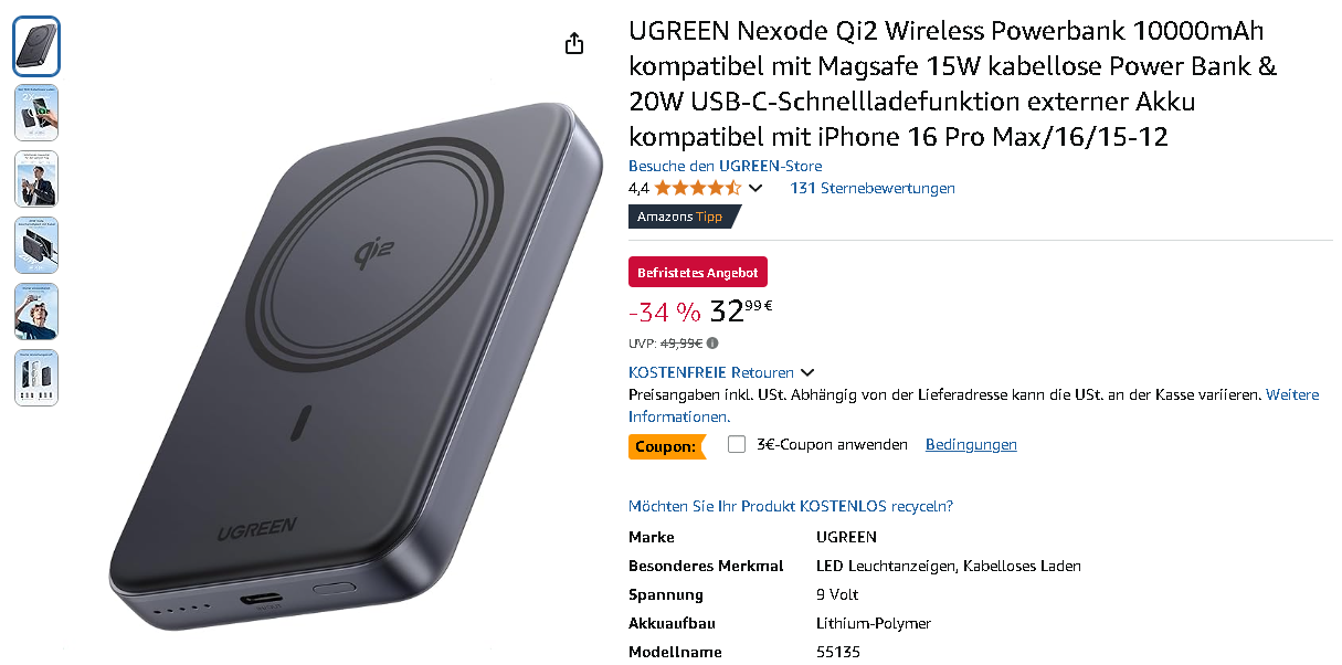 UGREEN Nexode Qi2 Powerbank Screenshot der UGREEN Nexode Qi2 Powerbank