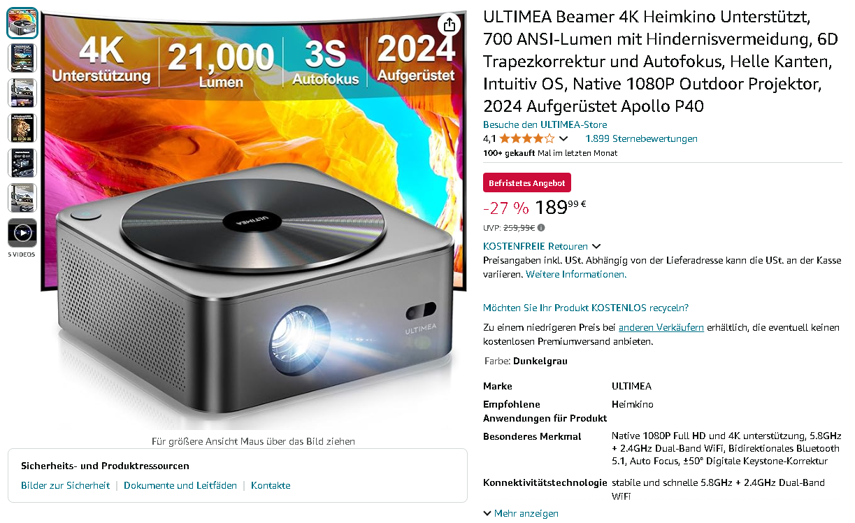 ULTIMEA Projektor ULTIMEA Apollo P40 Beamer