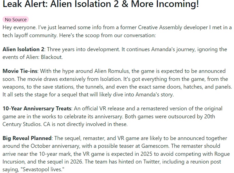 Heiße Nachrichten von Reddit: Eine Fortsetzung, ein Remaster und eine VR-Version des Horror-Kultspiels Alien: Isolation sind in Entwicklung-2 Heiße Nachrichten von Reddit: Eine Fortsetzung, ein Remaster und eine VR-Version des Horror-Kultspiels Alien: Isolation sind in Entwicklung-2