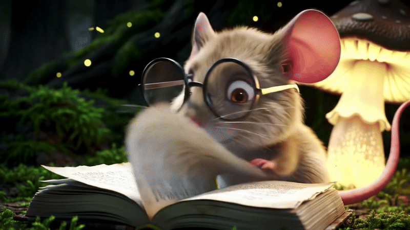 Maus liest ein Buch in einem Waldloch