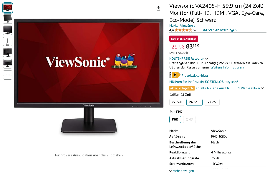 ViewSonic VA2405-H Monitor auf Amazon ViewSonic VA2405-H Monitor Screenshot
