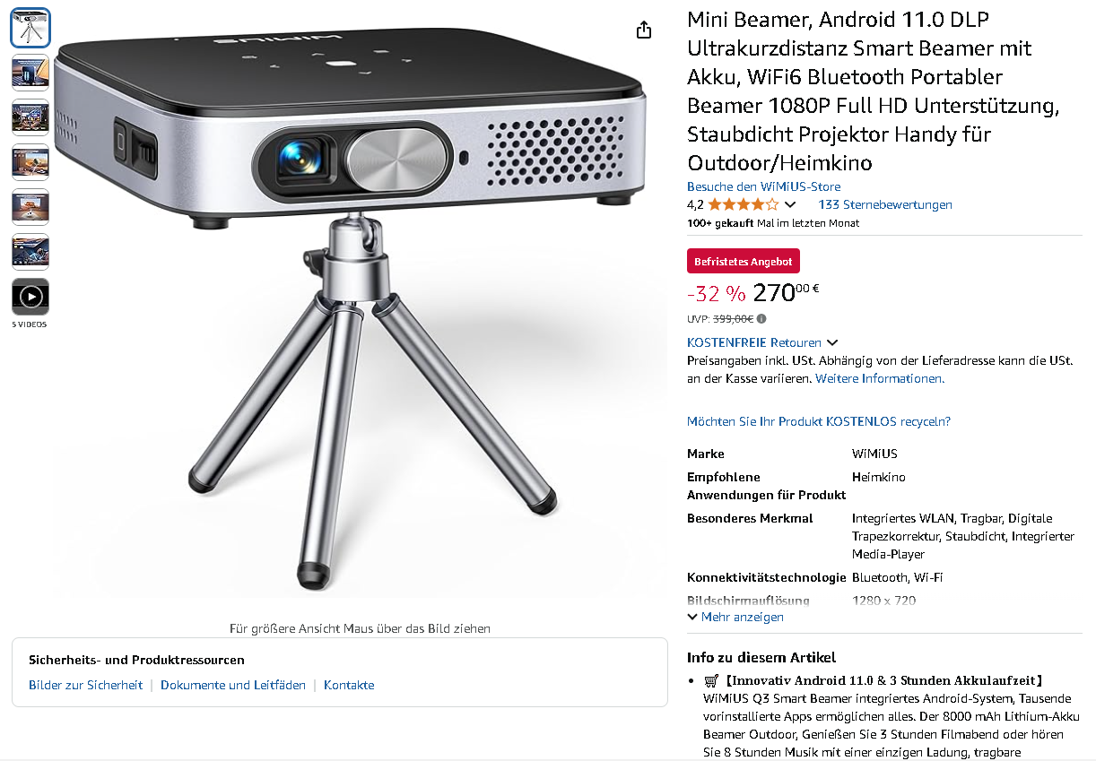 WiMiUS Q3 Mini Beamer Screenshot des WiMiUS Q3 Mini Beamers auf Amazon