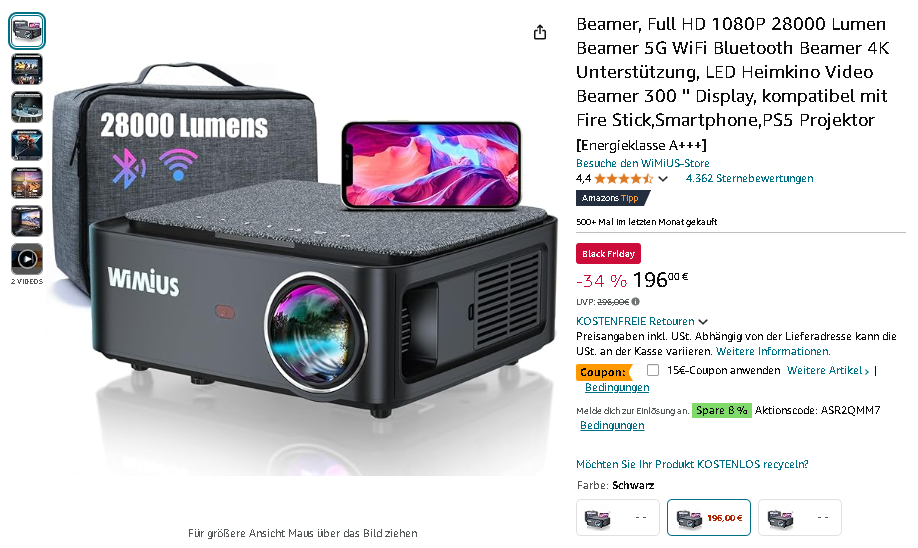 WiMiUS K1 Full HD Beamer Screenshot des WiMiUS K1 Beamers auf Amazon