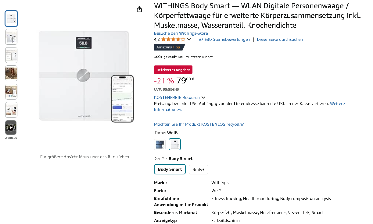 WITHINGS Body Smart Gesundheitswaage Screenshot der WITHINGS Body Smart