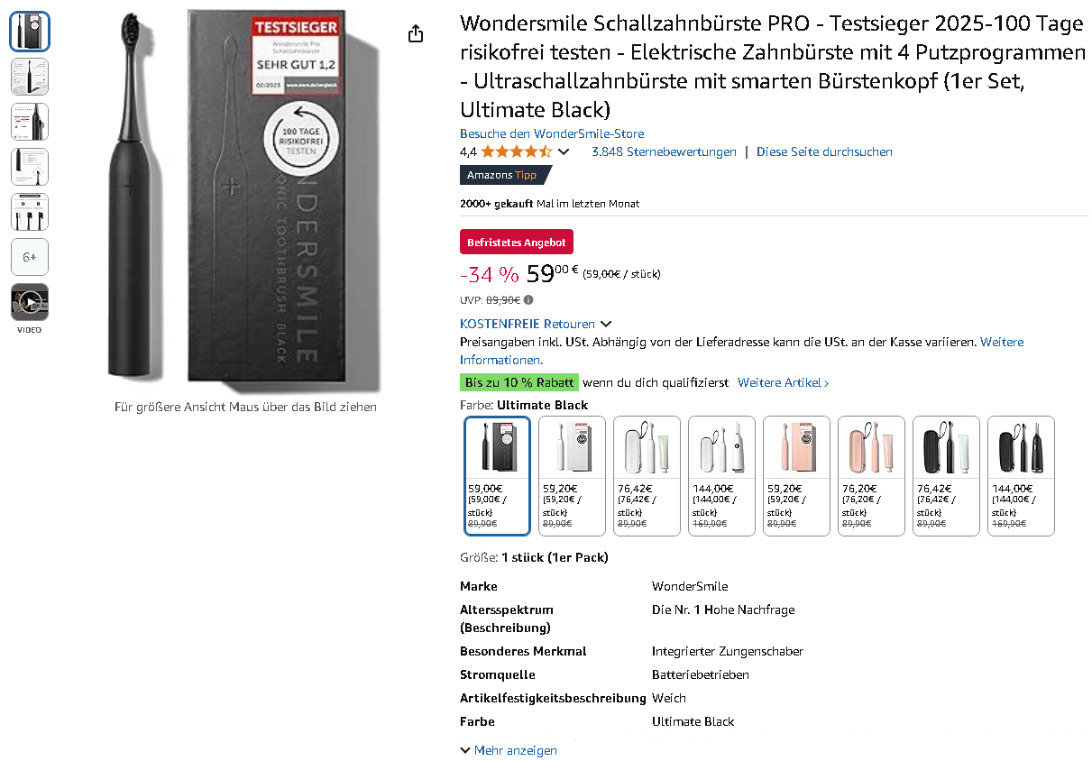Screenshot der WonderSmile Schallzahnbürste PRO