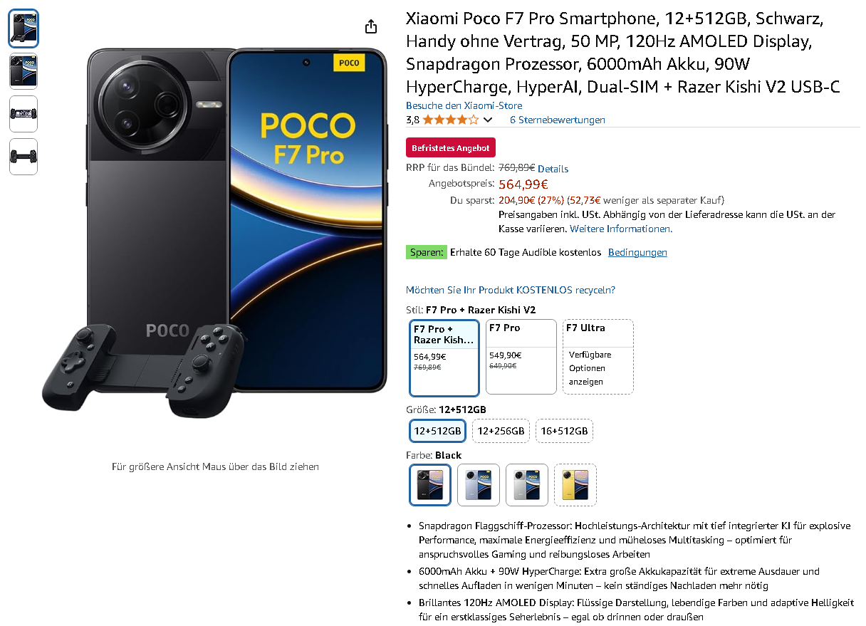 Screenshot der Poco F7 Pro. Quelle: Amazon