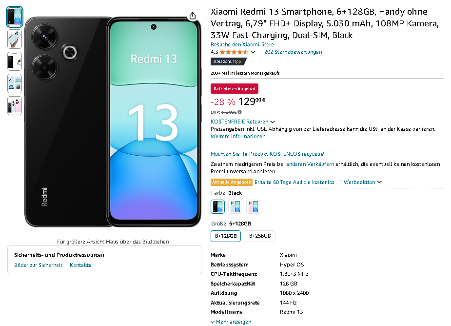Screenshot der Xiaomi Redmi 13 Screenshot der Xiaomi Redmi 13. Quelle: Amazon