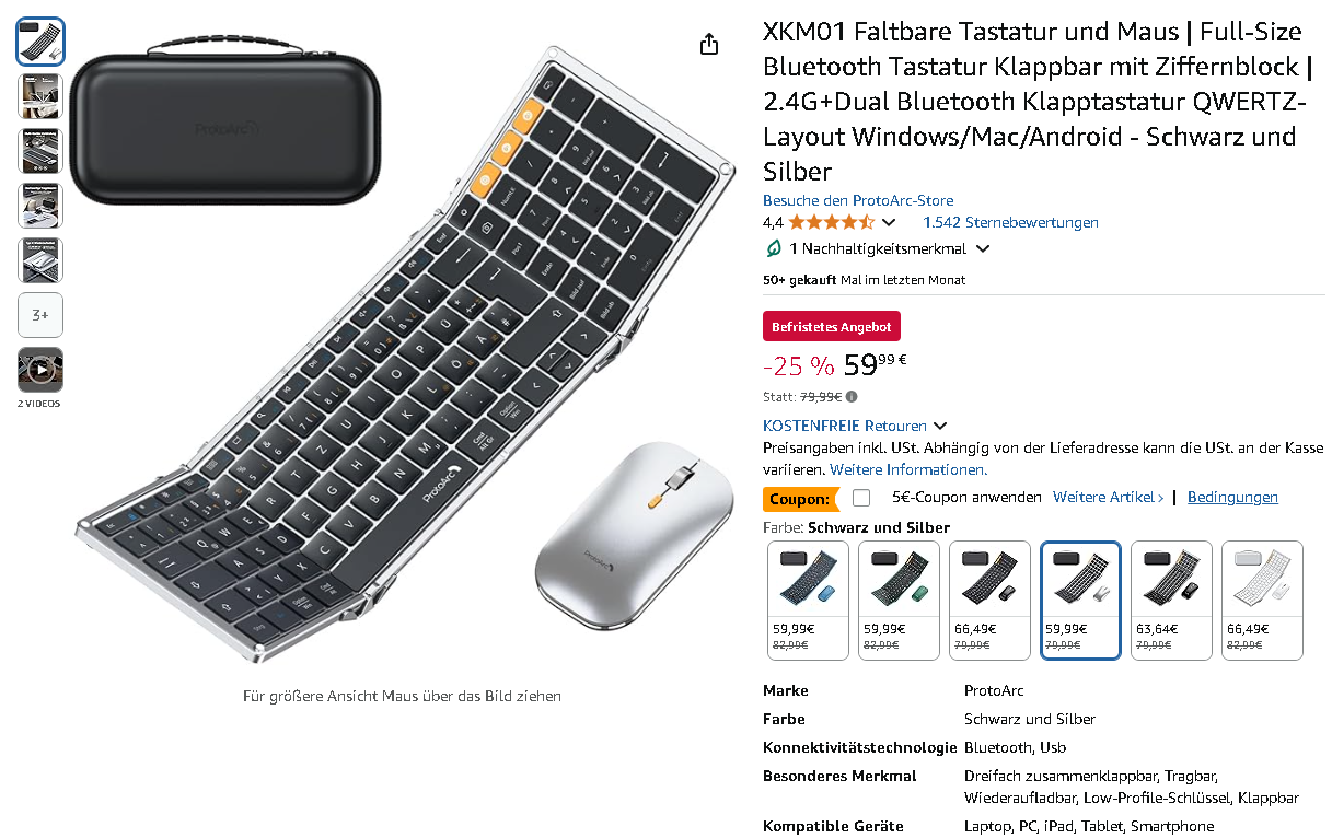 ProtoArc XKM01 Faltbare Tastatur und Maus Set